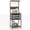 Freestanding wine rack cabinet in rustic brown with 12-grid wine storage, glass racks, and ample display space for.