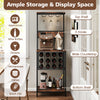 Freestanding wine rack in rustic brown with 12-grid storage, top shelf, and 3 hooks for kitchenware display.