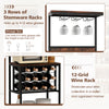 Freestanding wine rack in rustic brown with 12-grid storage for wine bottles and 3 rows of glass racks for kitchenware.