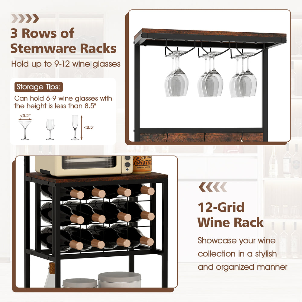Freestanding wine rack in rustic brown with 12-grid storage for wine bottles and 3 rows of glass racks for kitchenware.
