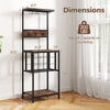 Freestanding wine rack in rustic brown with 12-grid storage, hooks, and ample space for kitchen appliances and decor.