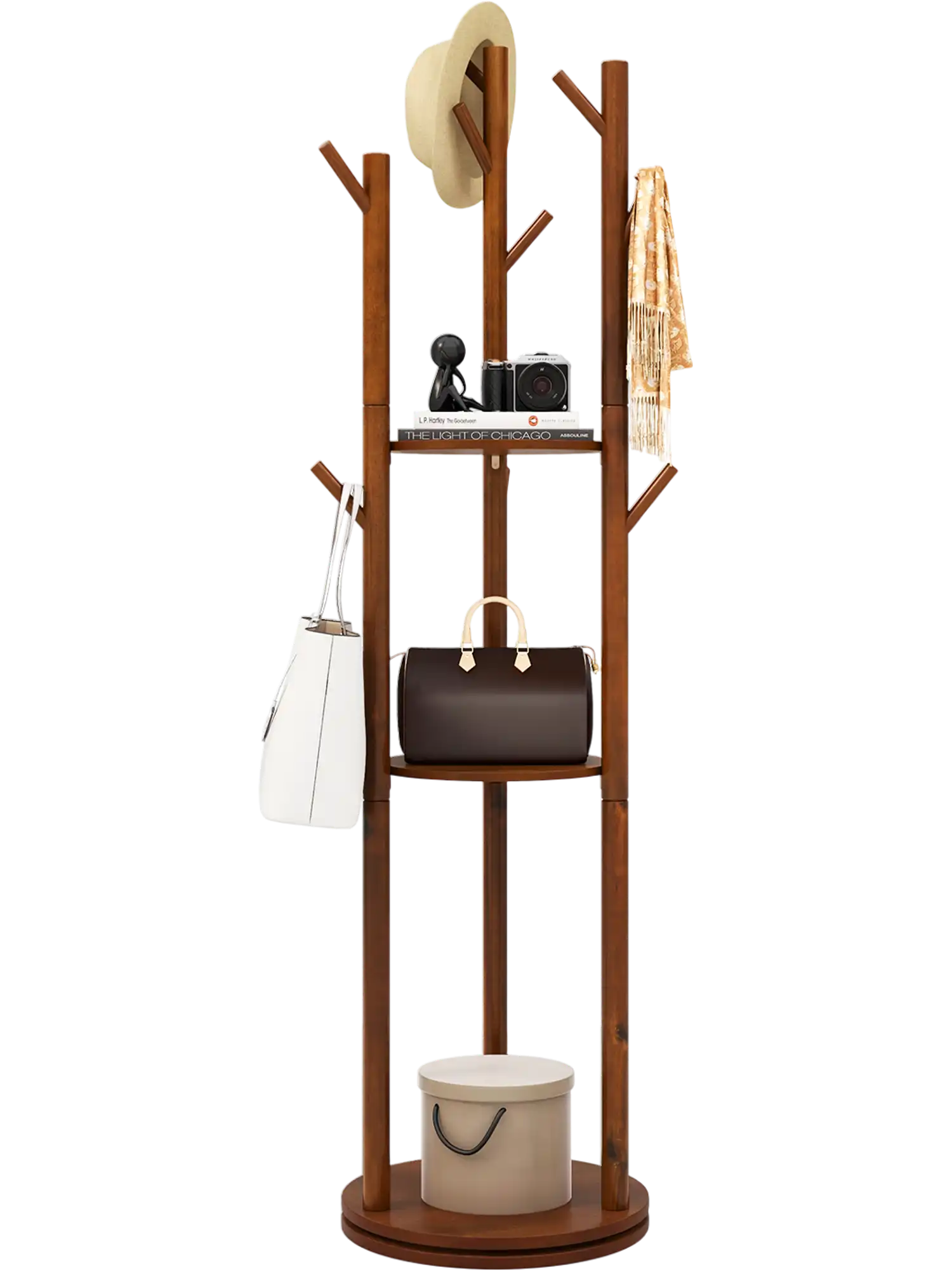 Costway Freestanding Wooden Coat Tree Hall Tree w/ 3 Shelves & 9 Hooks 48367915 New