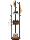 Freestanding Wooden Coat Tree with 3 Display Storage Shelves and 9 Hooks