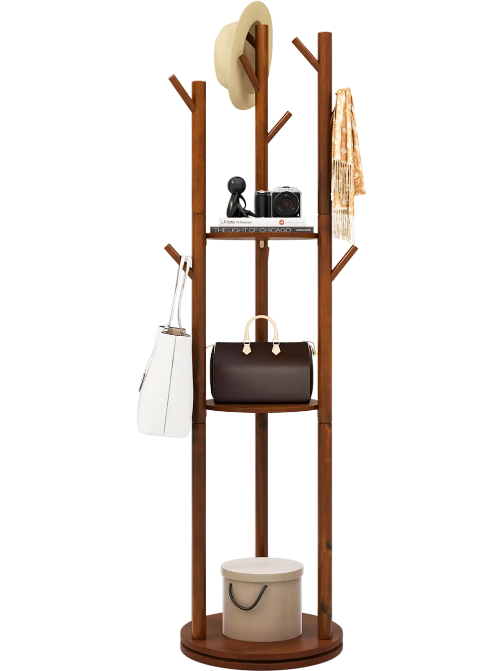 Freestanding Wooden Coat Tree with 3 Display Storage Shelves and 9 Hooks