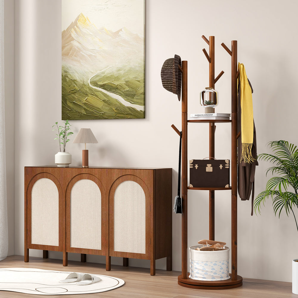 Freestanding wooden coat tree with 3 shelves and 9 hooks, ideal for storing hats and coats in hallways or living rooms.