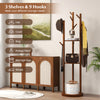 Freestanding wooden coat tree showcasing 3 shelves and 9 hooks, designed for easy access and stylish storage in any.