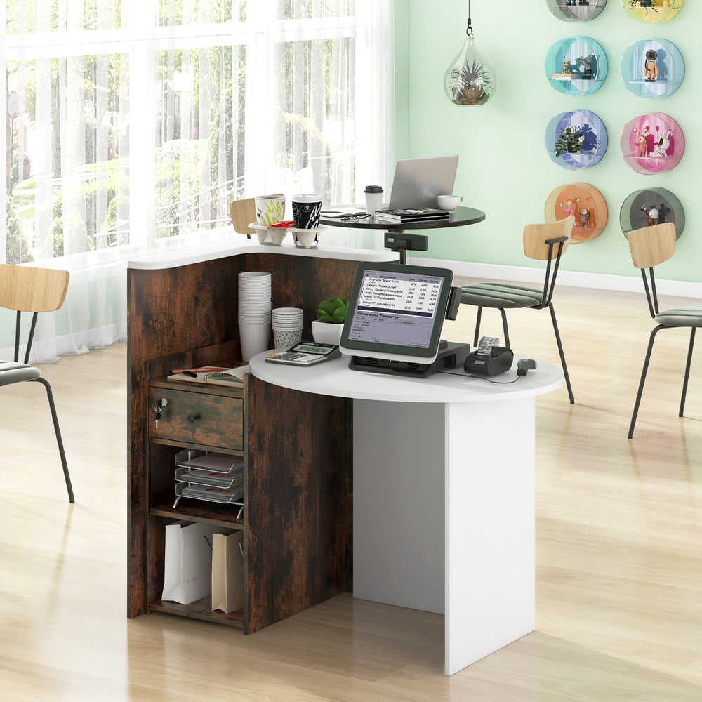 L-shaped front reception office desk in rustic brown with open shelf, lockable drawer, and adjustable storage for.