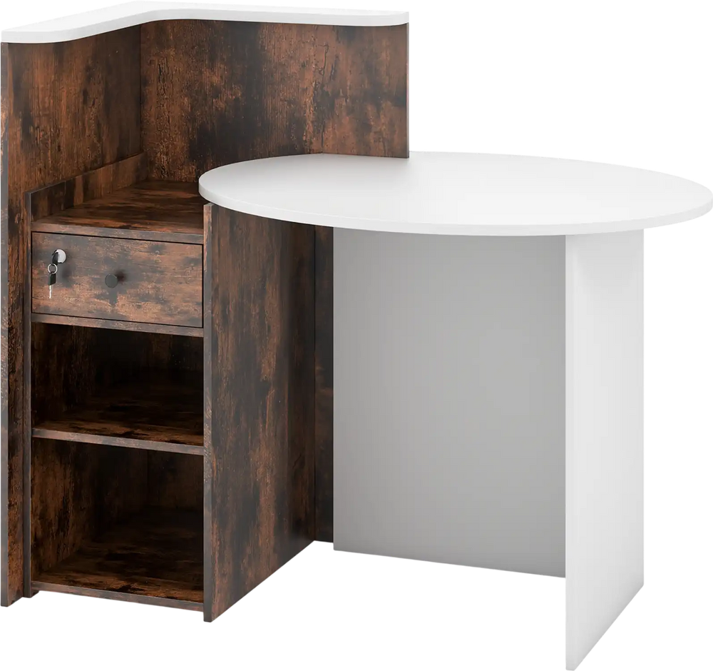 L-shaped front reception office desk in rustic brown with oval tabletop, lockable drawer, and open shelf for storage.