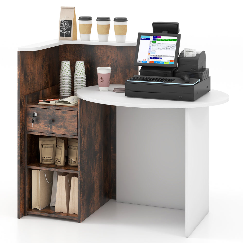 Front reception office desk in rustic brown with oval tabletop, open shelf, and lockable drawer for secure storage.