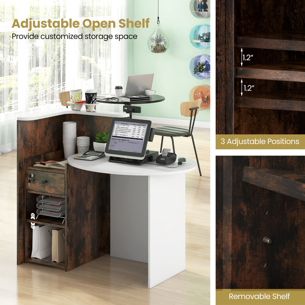 Front view of the Front Reception Office Desk in Rustic Brown featuring an adjustable open shelf and lockable drawer.