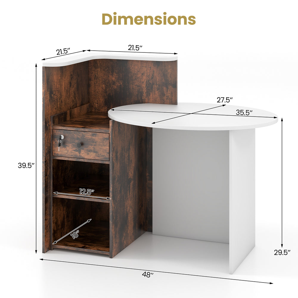 L-shaped front reception office desk in rustic brown with dimensions, featuring a lockable drawer and open shelf.