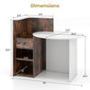 L-shaped front reception office desk in rustic brown with dimensions, featuring a lockable drawer and open shelf.