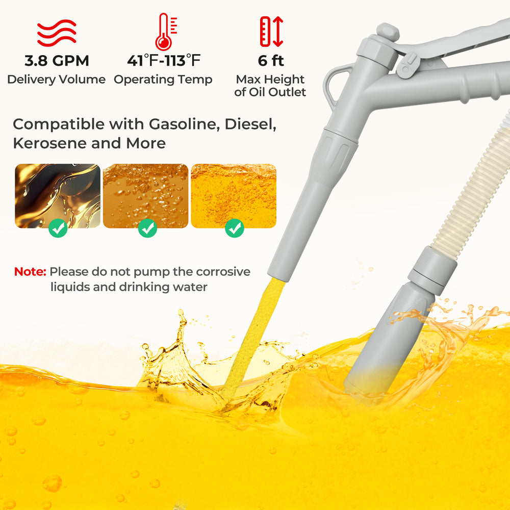 Fuel transfer pump with flow control nozzle, 3.8 GPM, compatible with gasoline and diesel for easy fuel transfer.