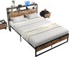 Full/Queen bed frame with a 2-tier storage headboard, built-in charging station, and industrial design for modern.