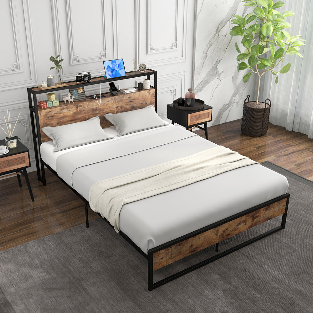 Full/Queen Bed Frame with 2-Tier Storage Headboard and Charging Station-Full Size - Gallery View 1 of 8