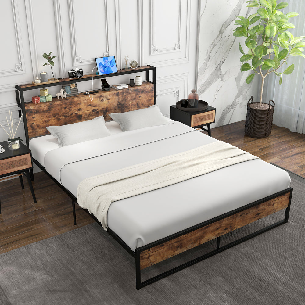 Full/Queen Bed Frame with 2-Tier Storage Headboard and Charging Station-Queen Size - Gallery View 1 of 8