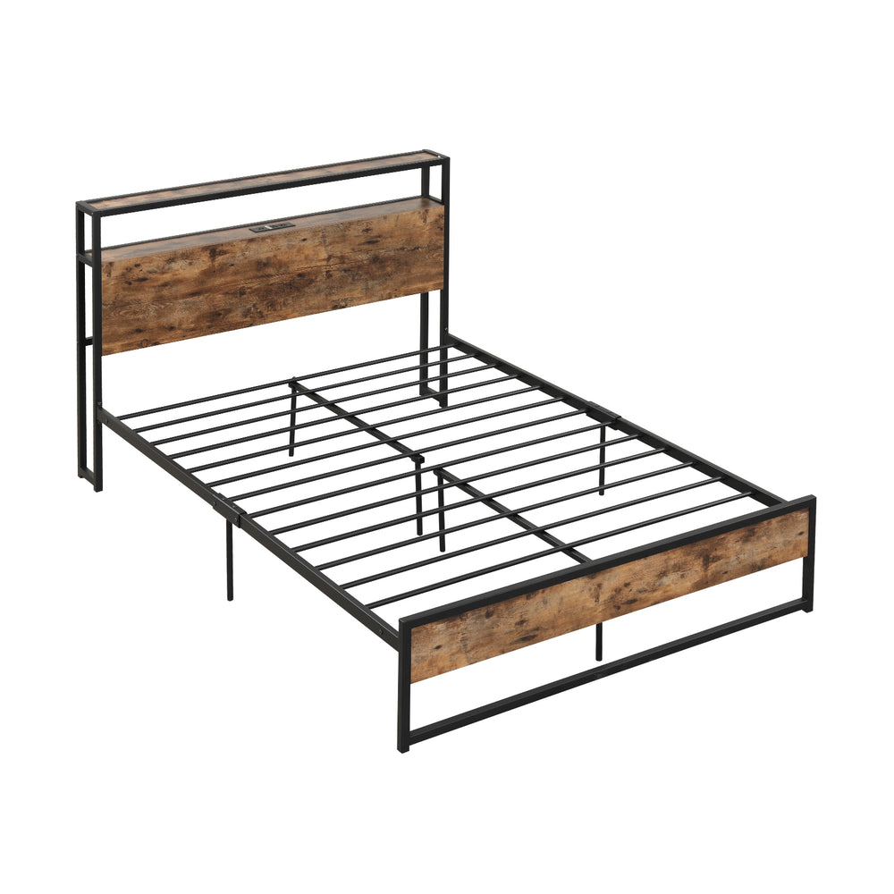 Full/Queen bed frame with industrial design, 2-tier storage headboard, and built-in charging station for convenient use.