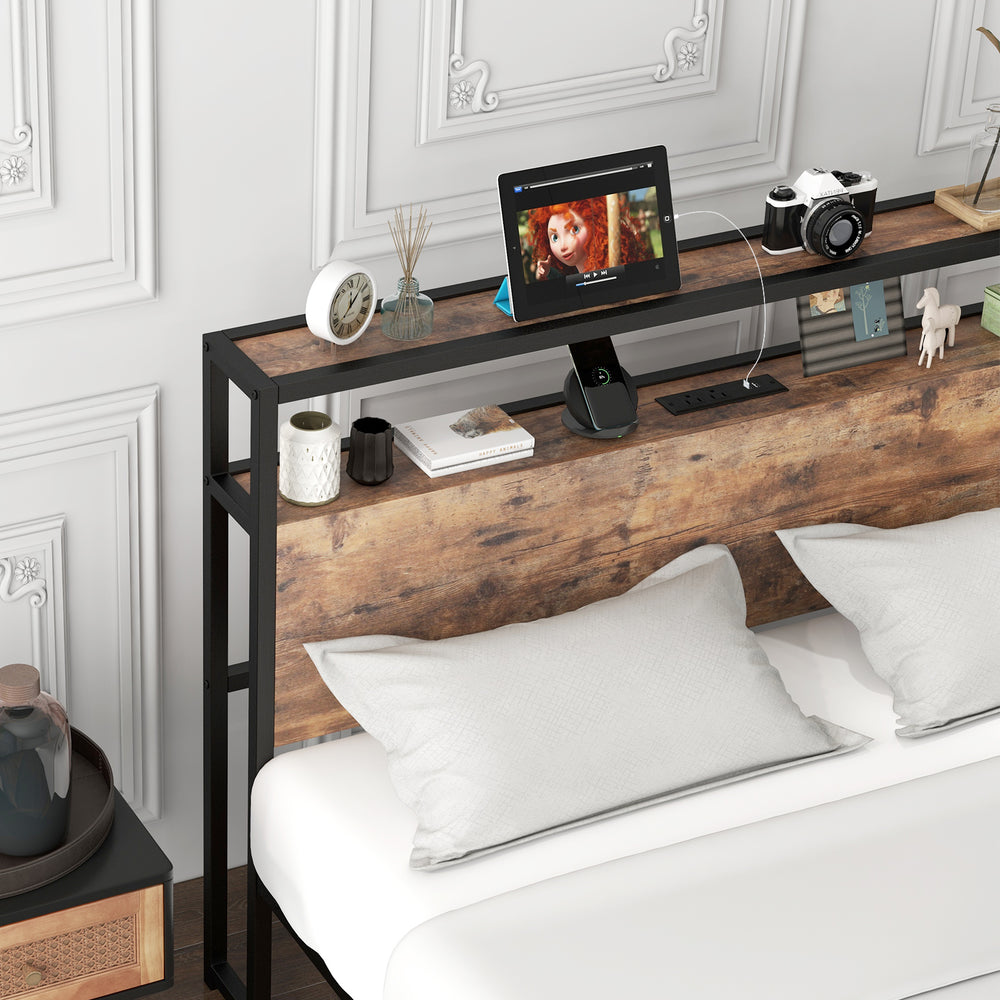 Full/Queen bed frame with 2-tier storage headboard, charging station, and industrial design for enhanced bedroom.