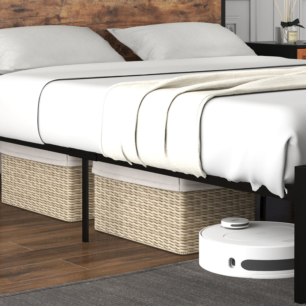 Full/Queen bed frame featuring a 2-tier storage headboard and built-in charging station for convenient access.