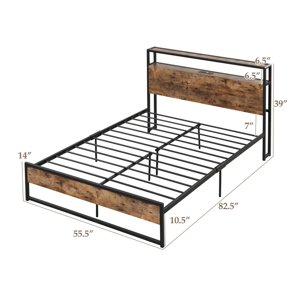 Full/Queen bed frame with 2-tier storage headboard, charging station, and sturdy metal slats for enhanced stability.