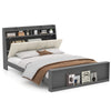 Full size bed frame with ergonomic upholstered headboard, open shelves, and hidden storage for modern bedroom.