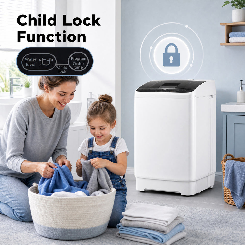 Full automatic washing machine in white with child lock function, featuring 8 preset programs and stainless steel tub for laundry.