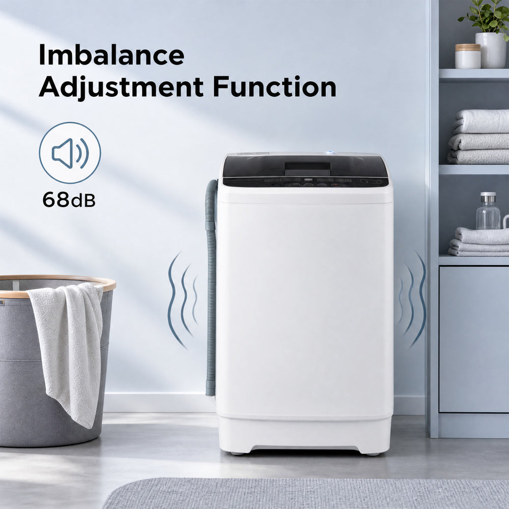 Full automatic washing machine in white with 8 preset programs, stainless steel tub, and built-in drain pump for efficient laundry.