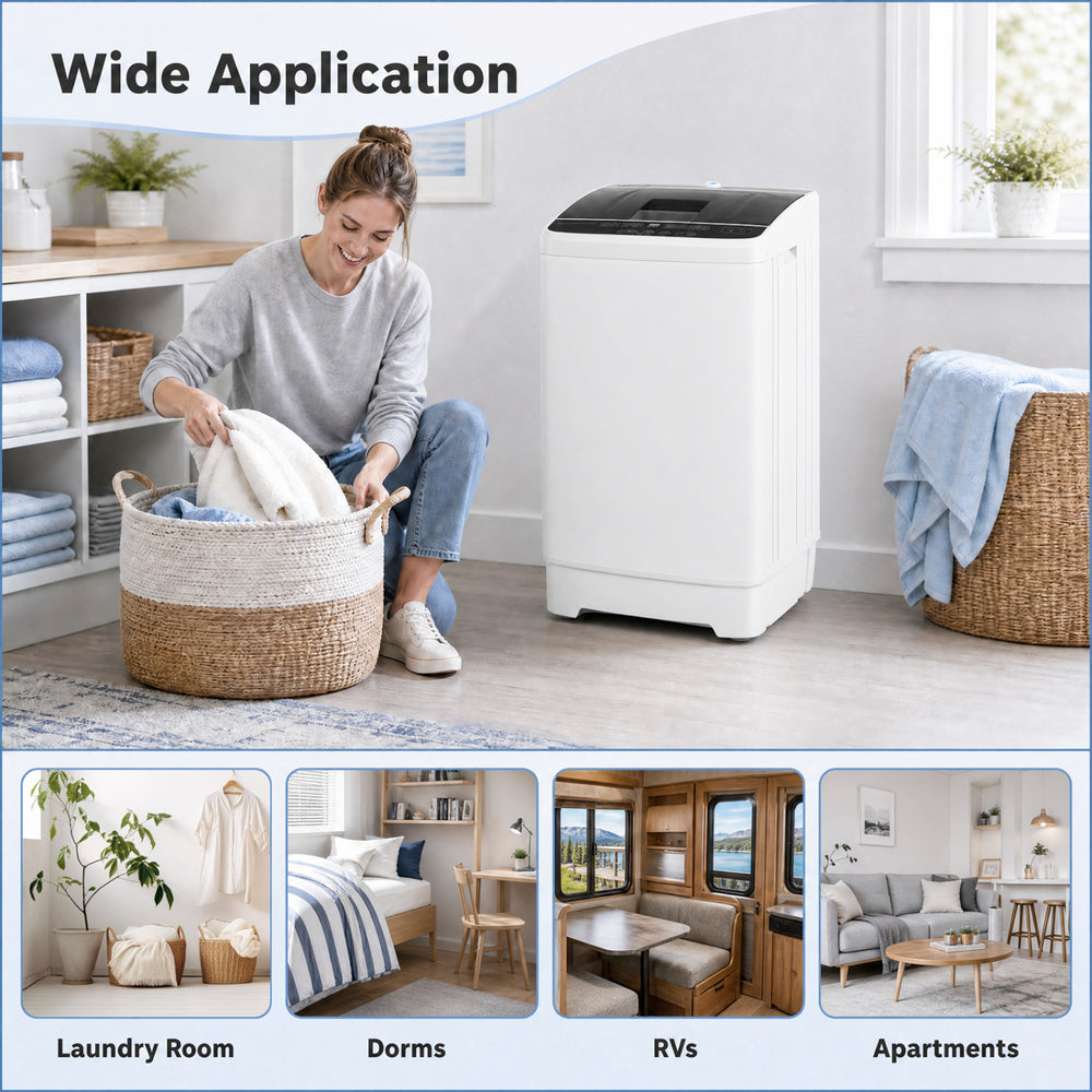 Compact full automatic washing machine in white with stainless steel tub, ideal for laundry rooms, dorms, and apartments.