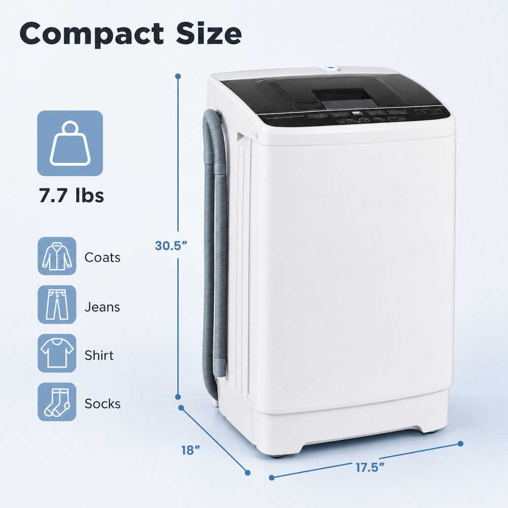 Compact full automatic washing machine with stainless steel tub, 8 programs, and built-in drain pump for efficient laundry.