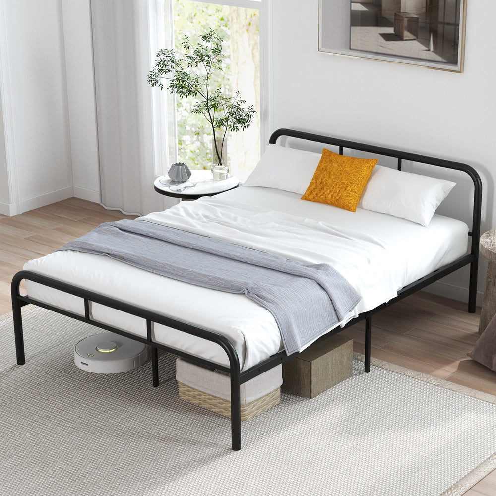 Black full bed frame with headboard and footboard, featuring 12-inch under-bed space and sturdy metal slats for support.