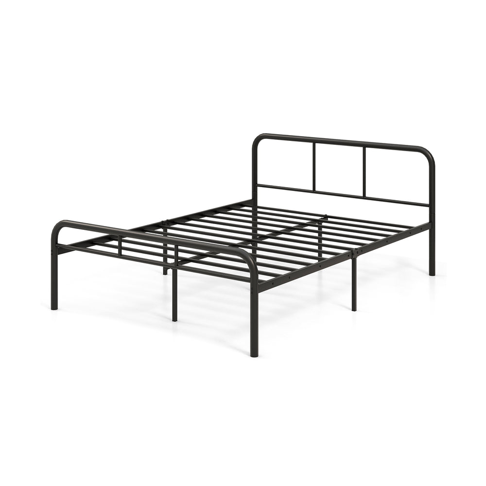 Black full bed frame with headboard and footboard, featuring 12 metal slats and under-bed storage space for easy.