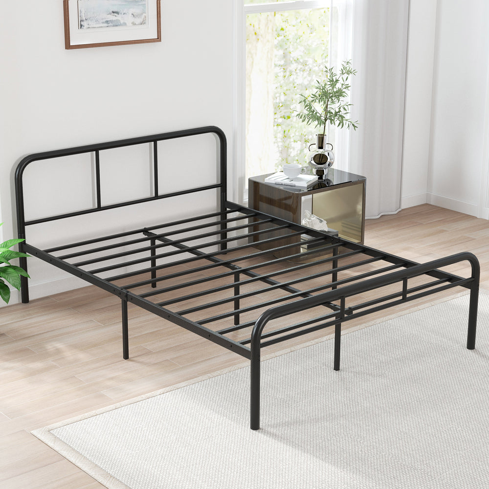 Black full bed frame with headboard and footboard, featuring sturdy metal slats and 12-inch under-bed storage space.