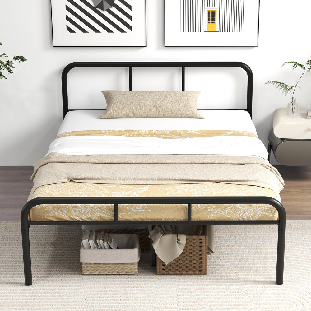 Black full bed frame with headboard and footboard, featuring 12-inch under-bed space for storage and easy cleaning.