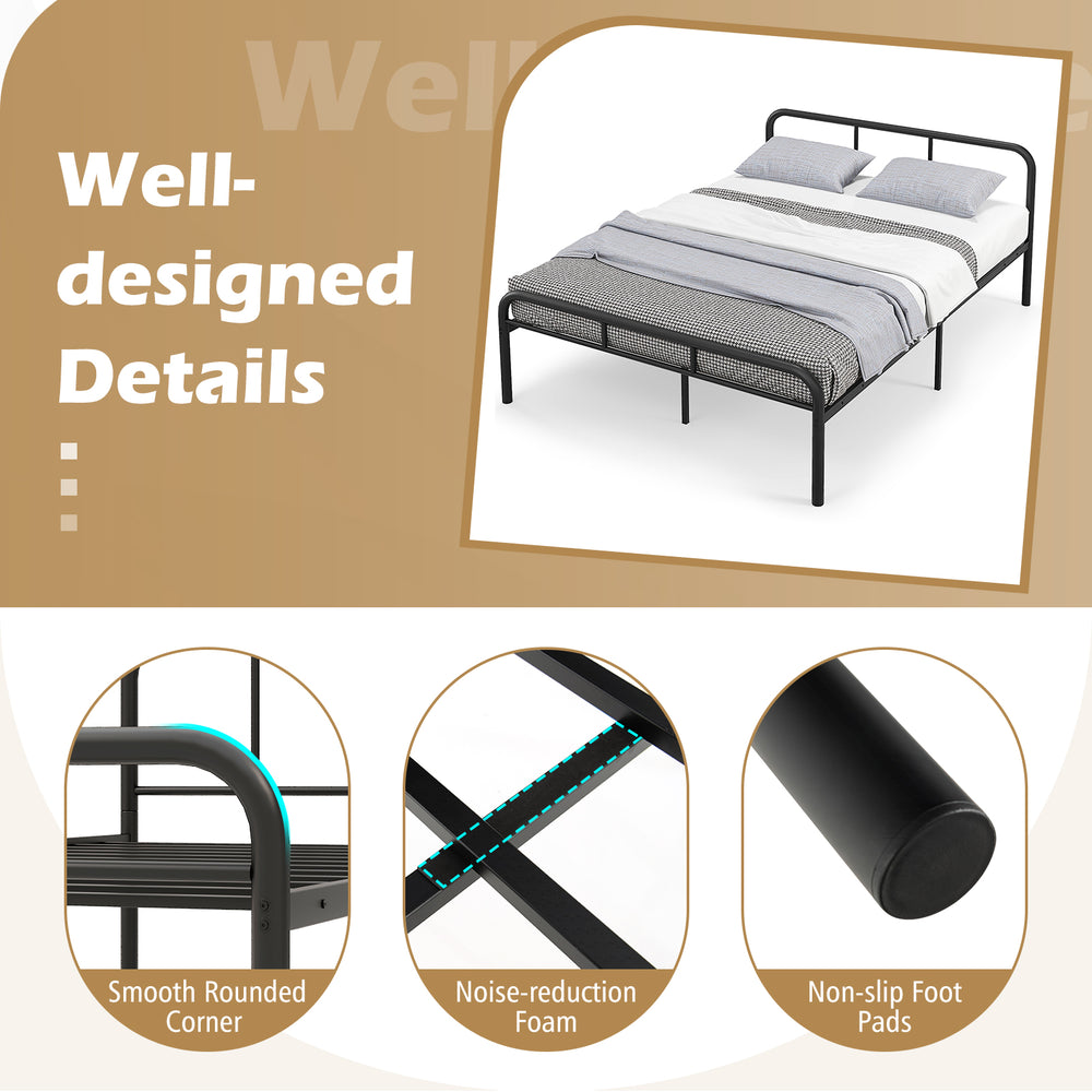 Full bed frame in black with headboard and footboard, featuring non-slip foot pads and noise-reduction foam for.