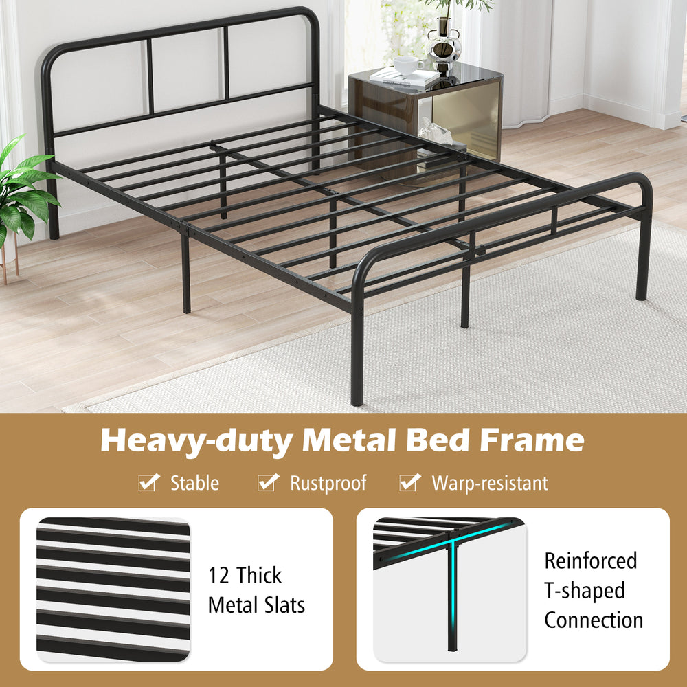 Black full bed frame with headboard and footboard, featuring 12 metal slats for sturdy support and no box spring needed.