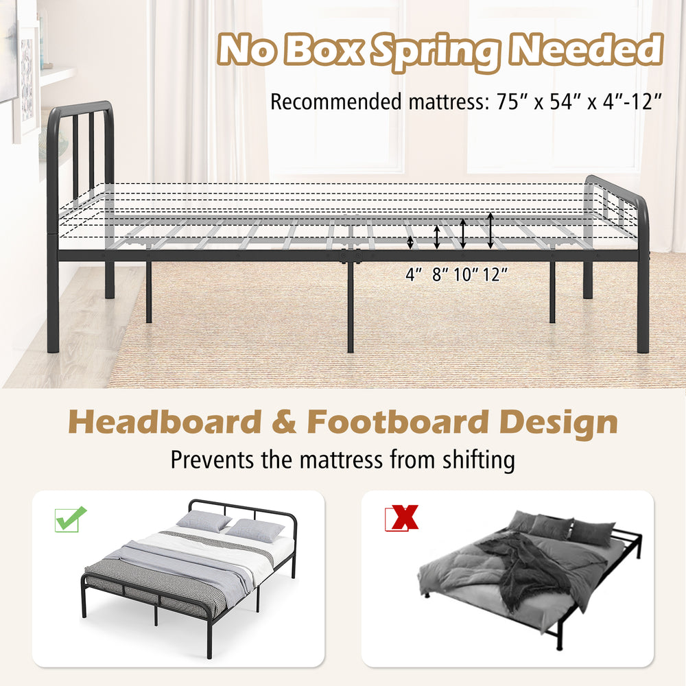 Full bed frame in black with headboard and footboard, designed for 4"-12" mattresses, offering sturdy support and.
