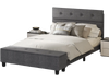 Upholstered bed frame with ottoman storage in gray, featuring a button-tufted headboard for modern bedroom decor.