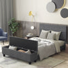 Upholstered bed frame with ottoman storage in modern design, featuring a wide headboard and solid wood slats for.