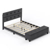 Upholstered bed frame with button tufted headboard and ottoman storage, designed for stability and comfort in modern.
