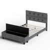 Upholstered bed frame with ottoman storage, featuring a tufted headboard and solid wood slats for durability and style.