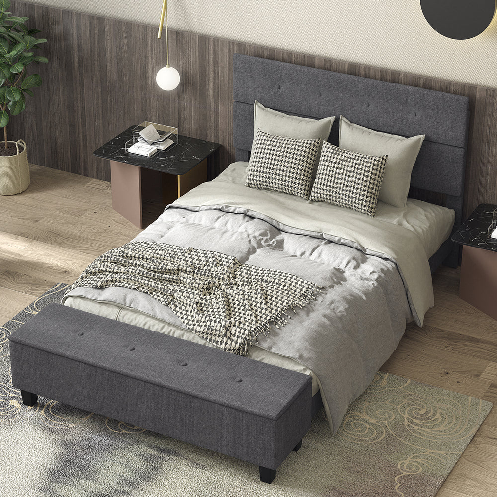 Full-size upholstered bed frame with ottoman storage, featuring a tufted headboard and modern design for stylish.