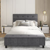 Full-size upholstered bed frame with ottoman storage, featuring a modern design and button tufted headboard for comfort.