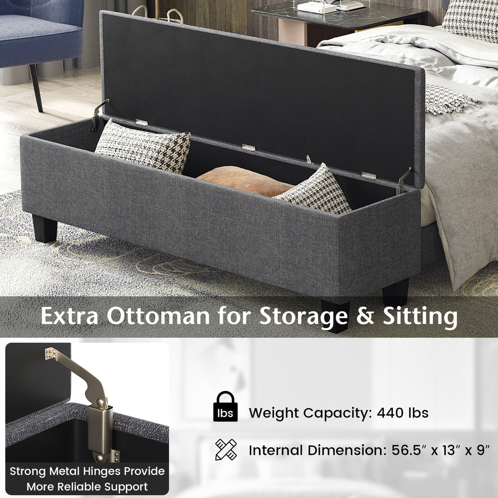 Upholstered ottoman storage with strong metal hinges, featuring a modern design for added comfort and organization.