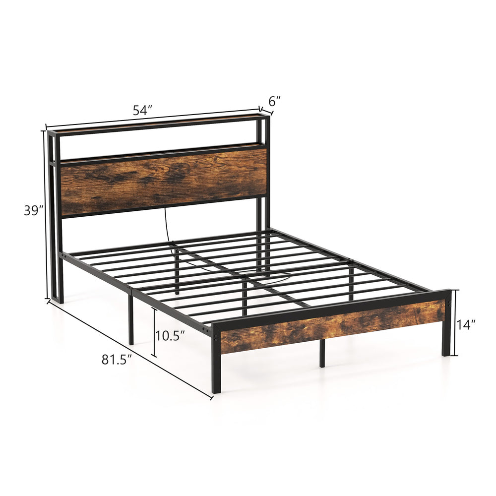 Full-size bed frame with storage headboard, built-in charging station, and sturdy metal slats for mattress support.