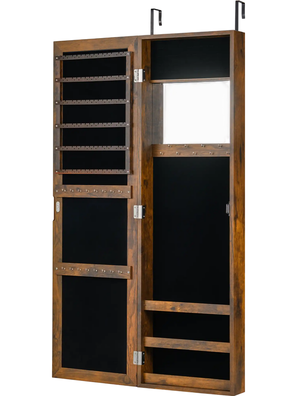Full length mirror jewelry cabinet in rustic brown with 40 ring slots, 25 hooks, and a makeup mirror for organized.