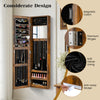 Full length mirror jewelry cabinet in rustic brown with ring slots, necklace hooks, and soft velvet lining for.