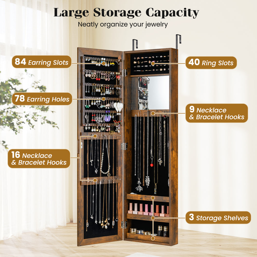 Full length mirror jewelry cabinet in rustic brown with 40 ring slots, 25 hooks, and 3 storage shelves for organized.