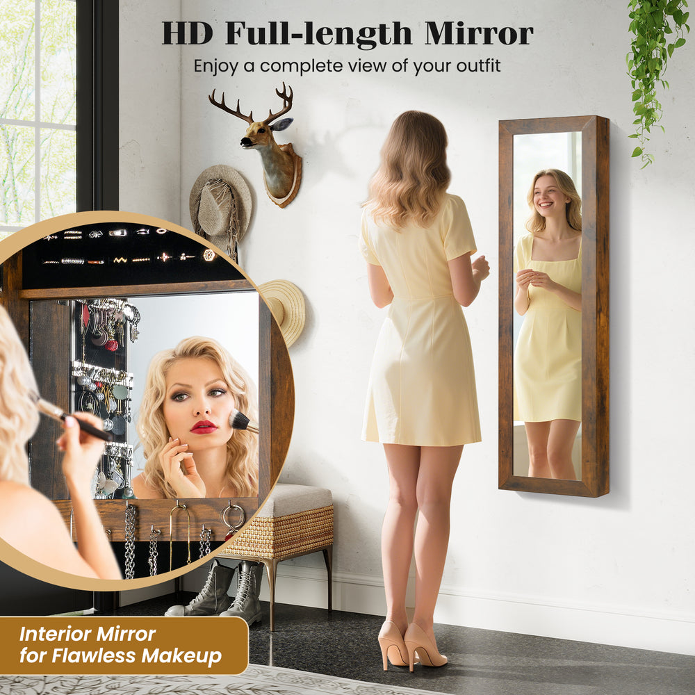 Full-length mirror jewelry cabinet in rustic brown with 40 ring slots and 25 hooks, perfect for organized storage.