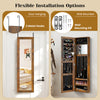 Full length mirror jewelry cabinet in rustic brown with ring slots and necklace hooks, suitable for door or wall.
