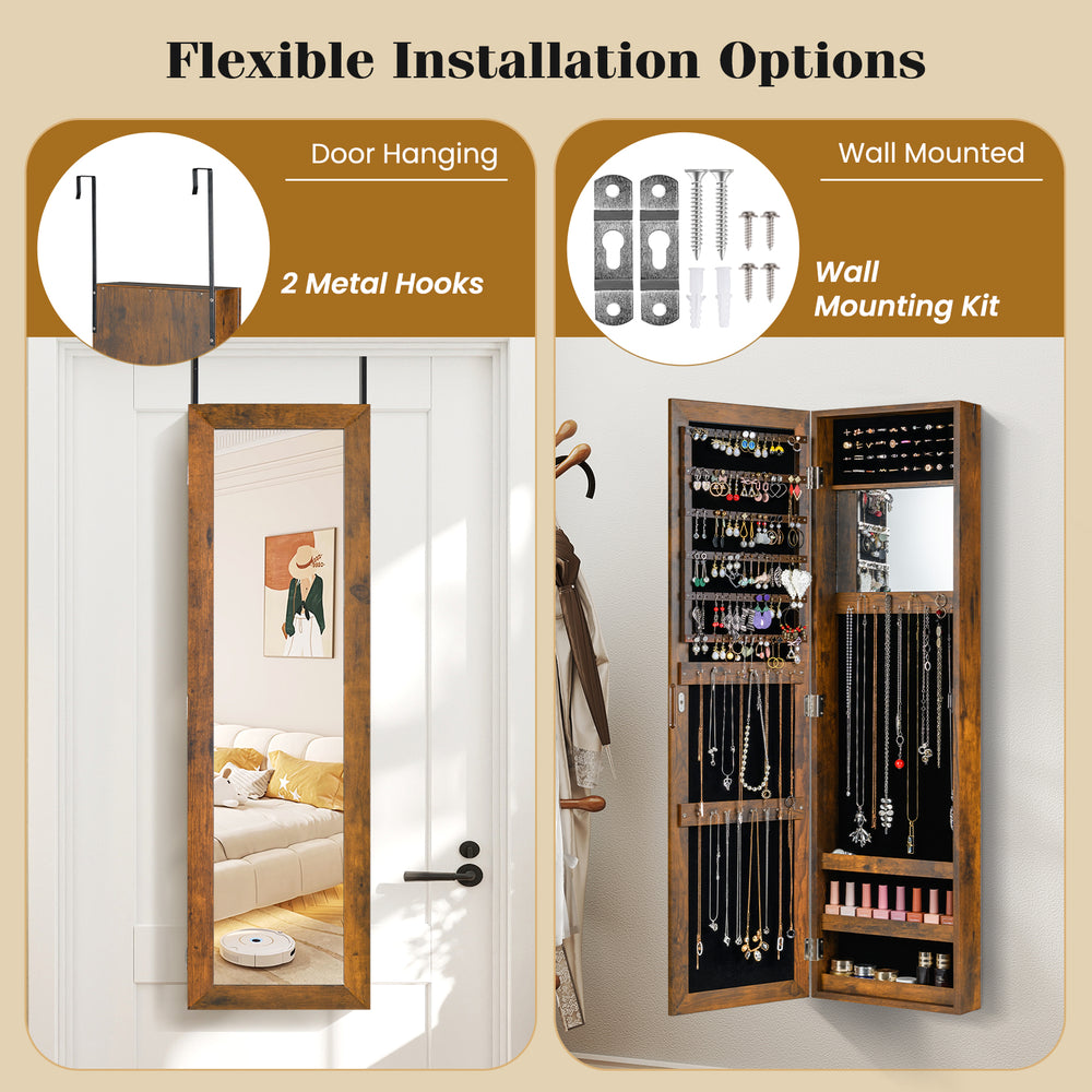 Full length mirror jewelry cabinet in rustic brown with ring slots and necklace hooks, suitable for door or wall.